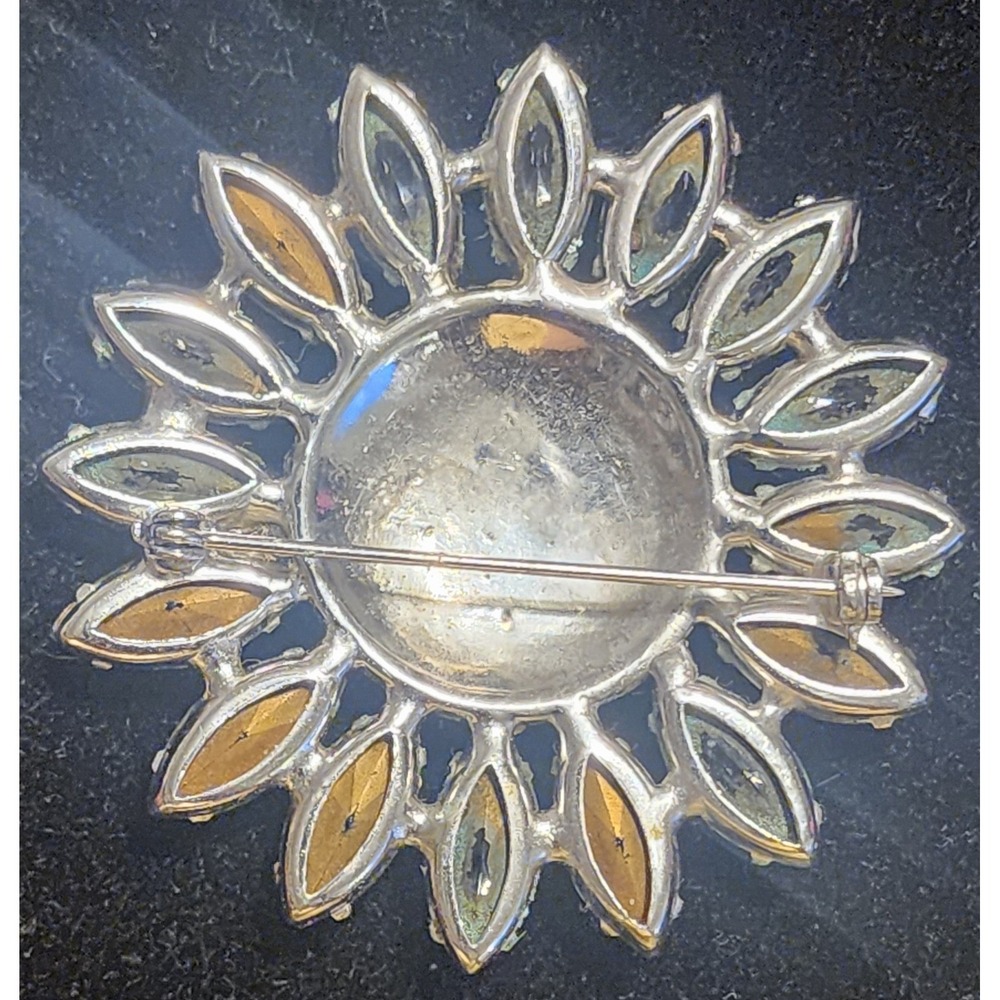 Vintage Silver Tone Sunflower Brooch Marquise Crystal Rhinestone Floral 2in - Picture 5 of 5